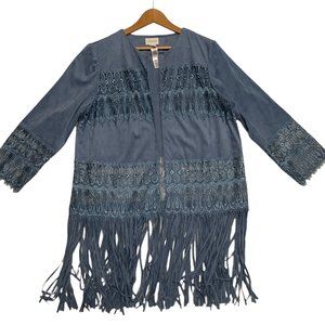CHICO'S Faux Suede Cardigan Blue Fringe Crochet Lace Shirt Open Jacket